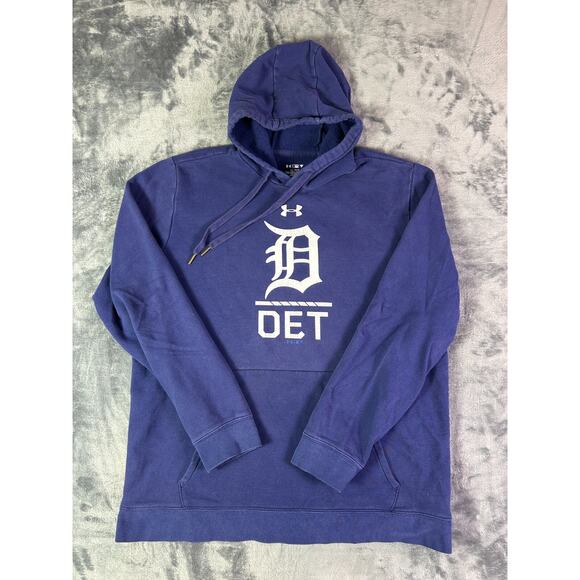 Y2K Under Armour Detroit Tigers MLB Hoodie L‎ Blue Pullover Fleece - Picture 1 of 6